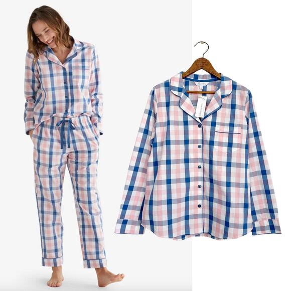 NEW The Company Store Plaid Poplin Women's Long Sleeve Button Down Pajama Top L - Picture 1 of 10